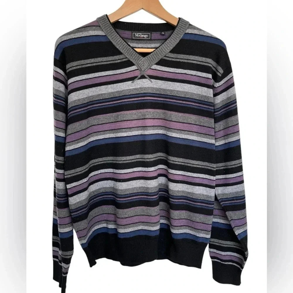 Modango purple and gray striped sweater size medium